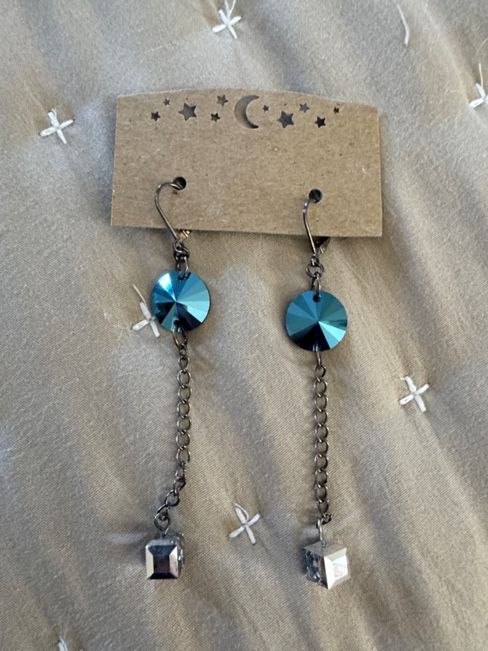 Handmade Long Dangle Earrings with Blue Crystal Discs and Silver Cubes